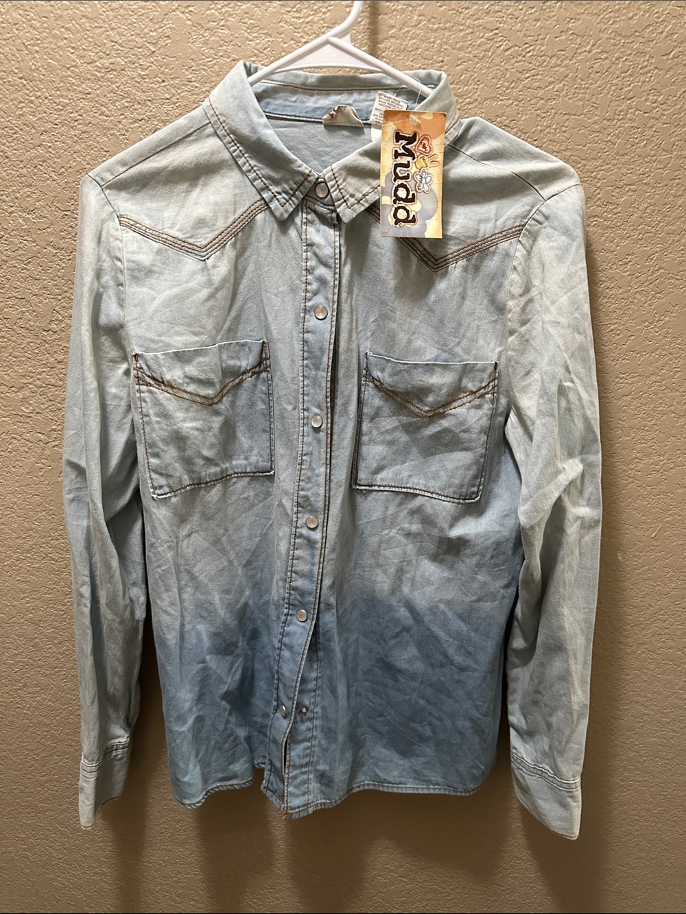 Mudd Light Blue Washed Denim Long-Sleeve Button-Down Shirt with Pearl buttons